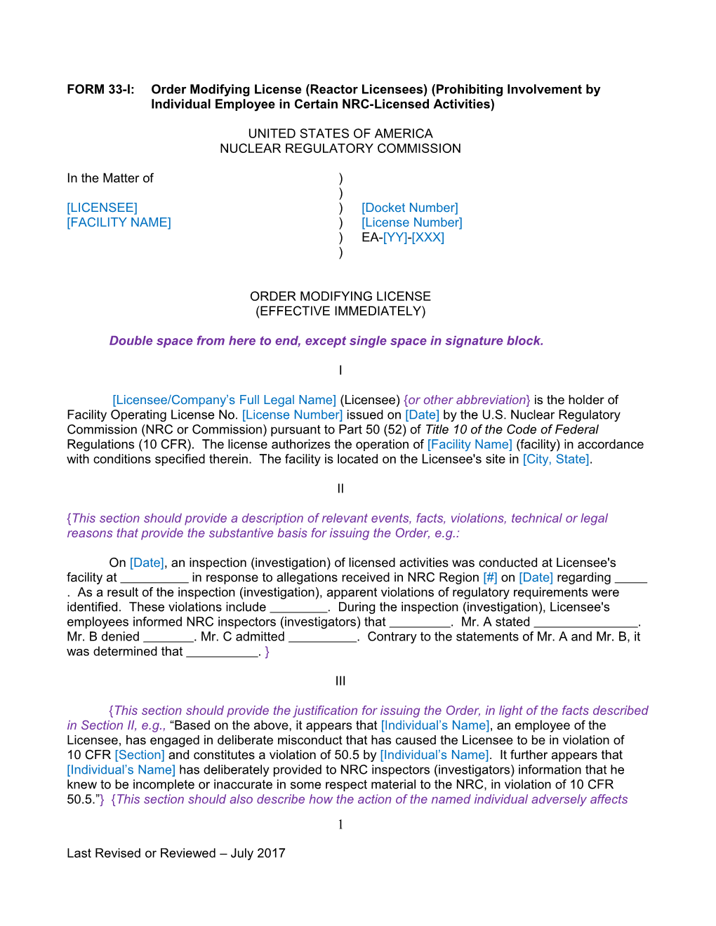 Form 33-I: Order Modifying License (Reactor Licensee) (Prohibiting Involvement by Individual
