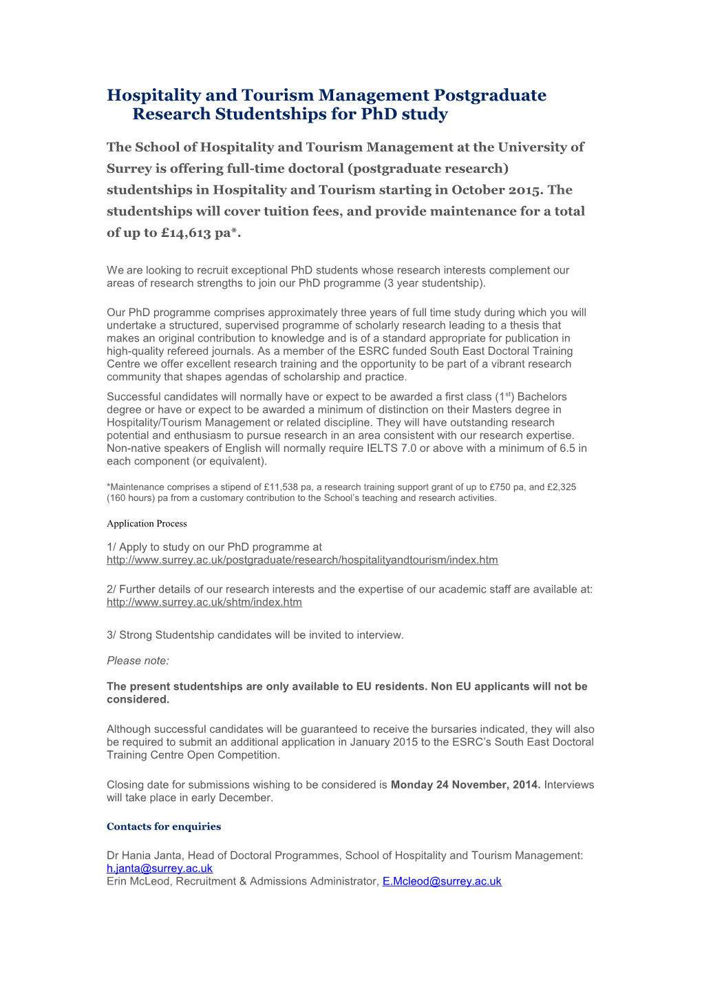 Management Postgraduate Research Studentship Available