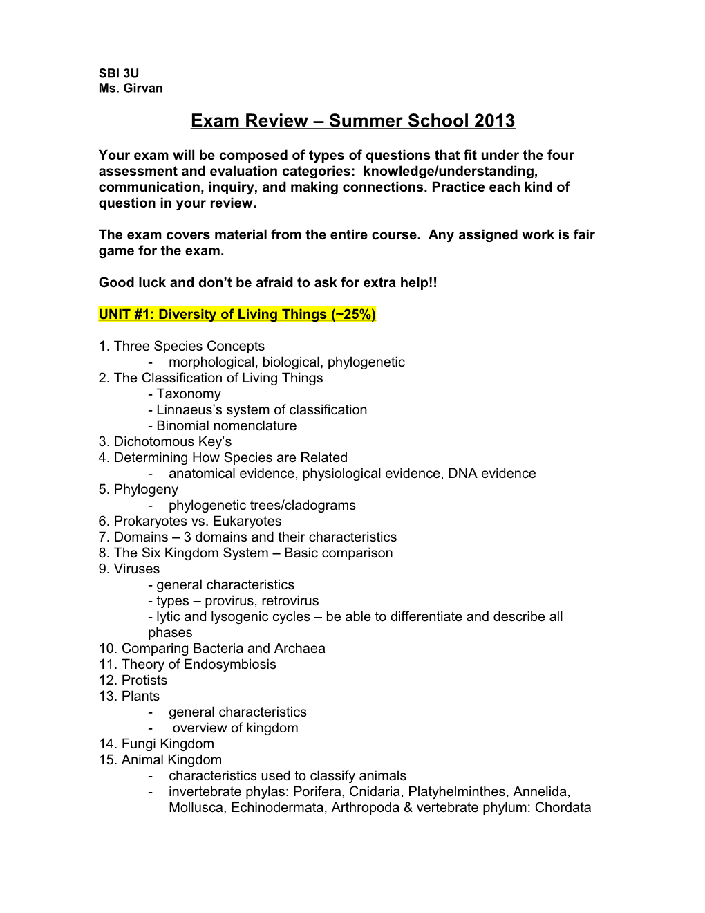 Exam Review Summer School 2013