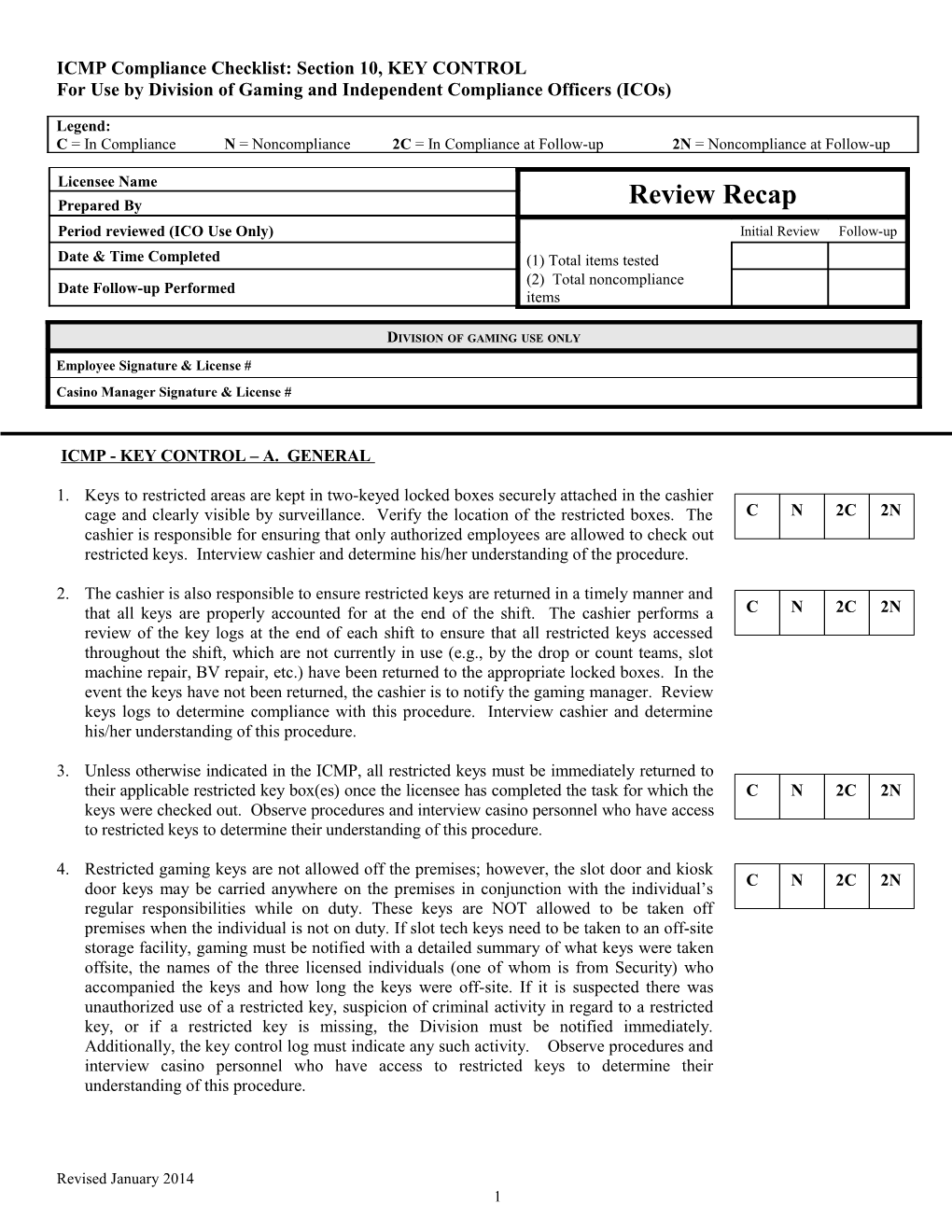 ICMP Compliance Checklist: Section 10, KEY CONTROL