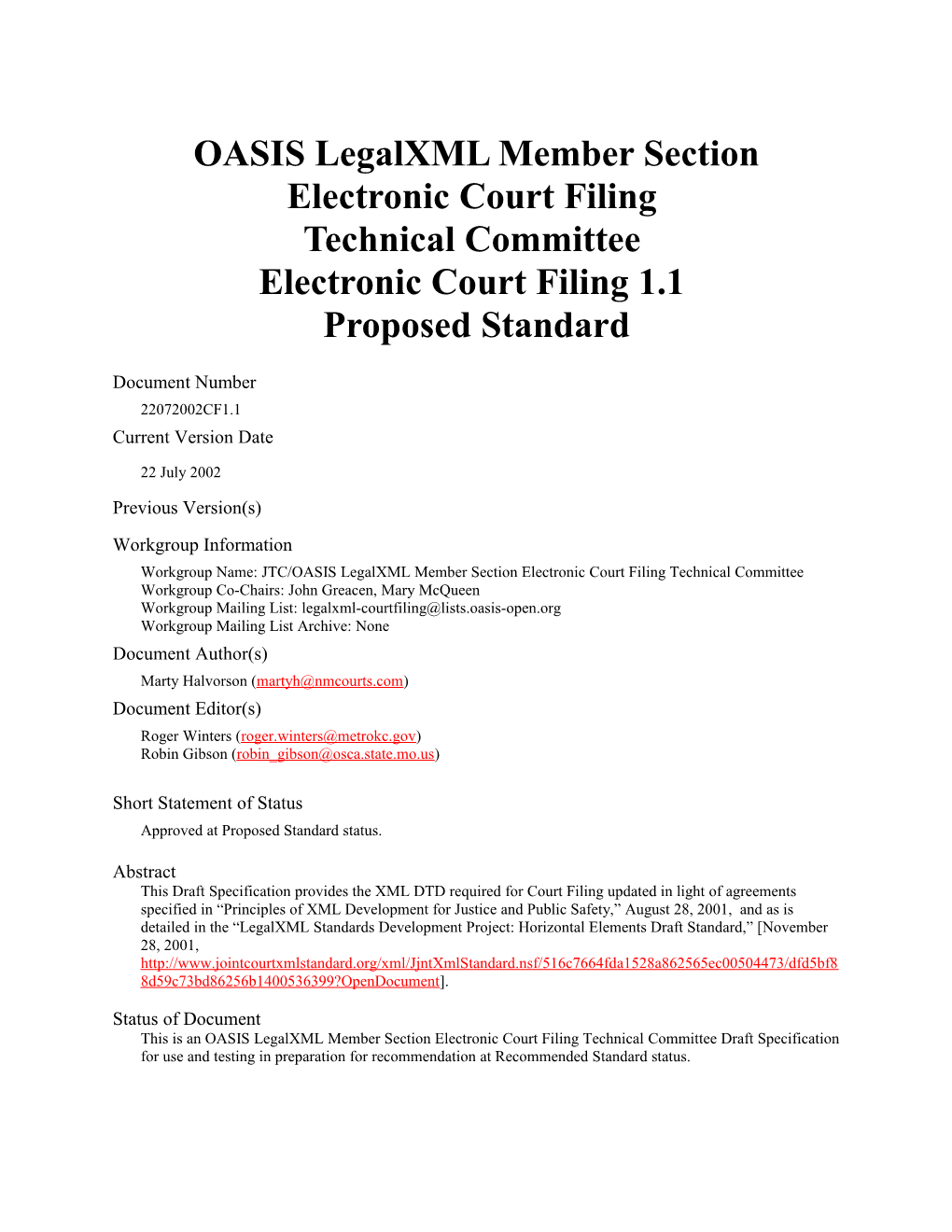XML Standards Development Project Electronic Court Filing Draft Specification