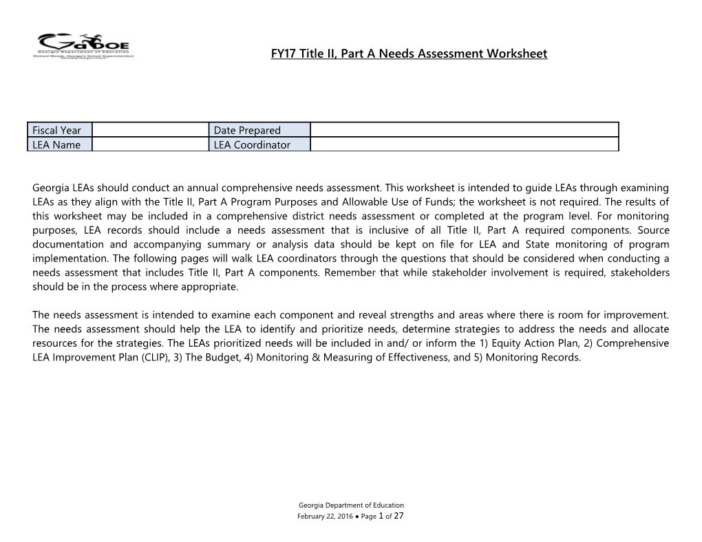 FY17 Title II, Part a Needs Assessment Worksheet