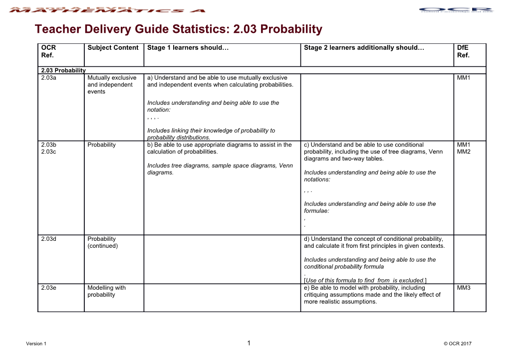 AS and a Level Mathematics a Teacher Delivery Guide Statistics: 2.03 Probability