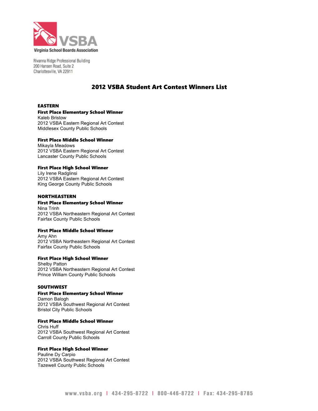 2012 VSBA Student Art Contest Winners List