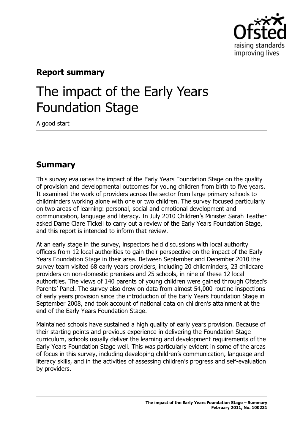 The Impact of the Early Years Foundation Stage Summary