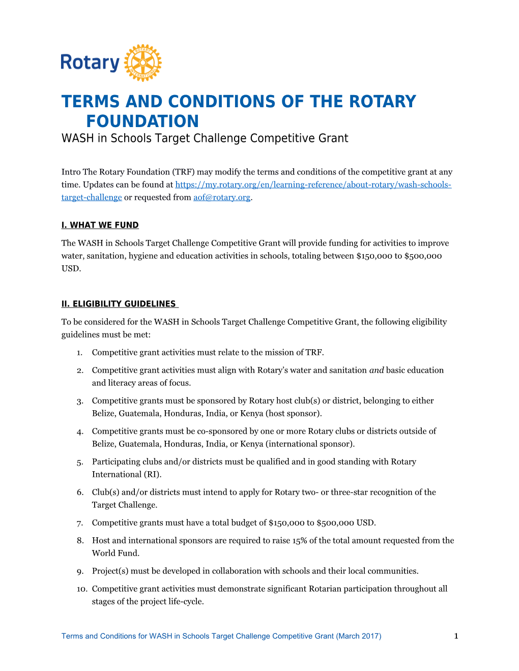 TERMS and CONDITIONS of the ROTARY FOUNDATION