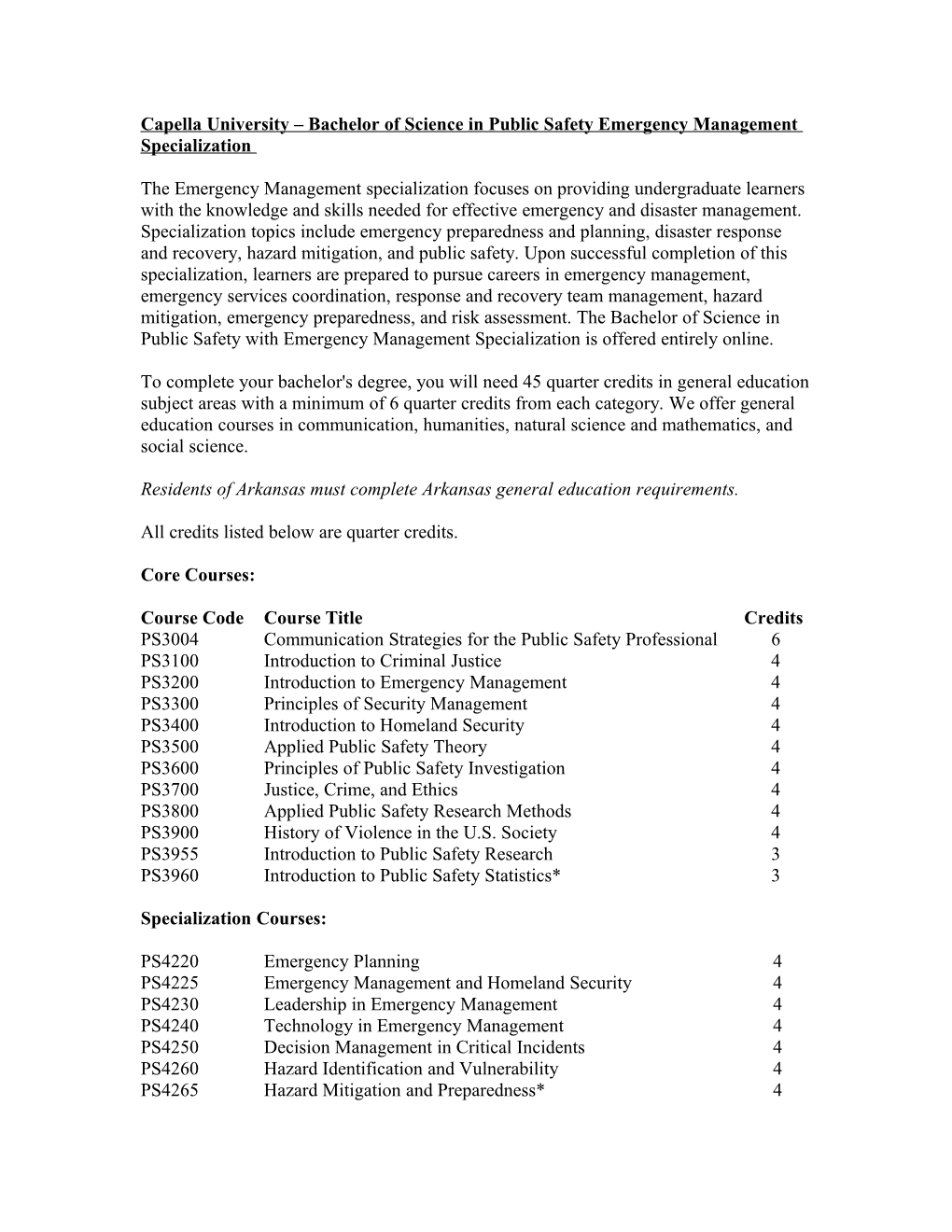 Capella University Bachelor of Science in Public Safety Emergency Management Specialization