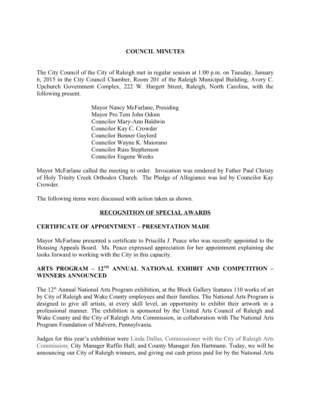 Raleigh City Council Minutes - 01/06/2015