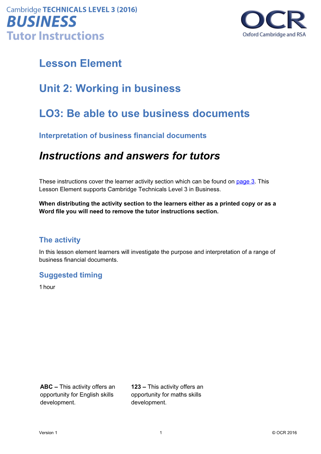 Cambridge Technicals Level 3 Business U02 Lesson Element 2