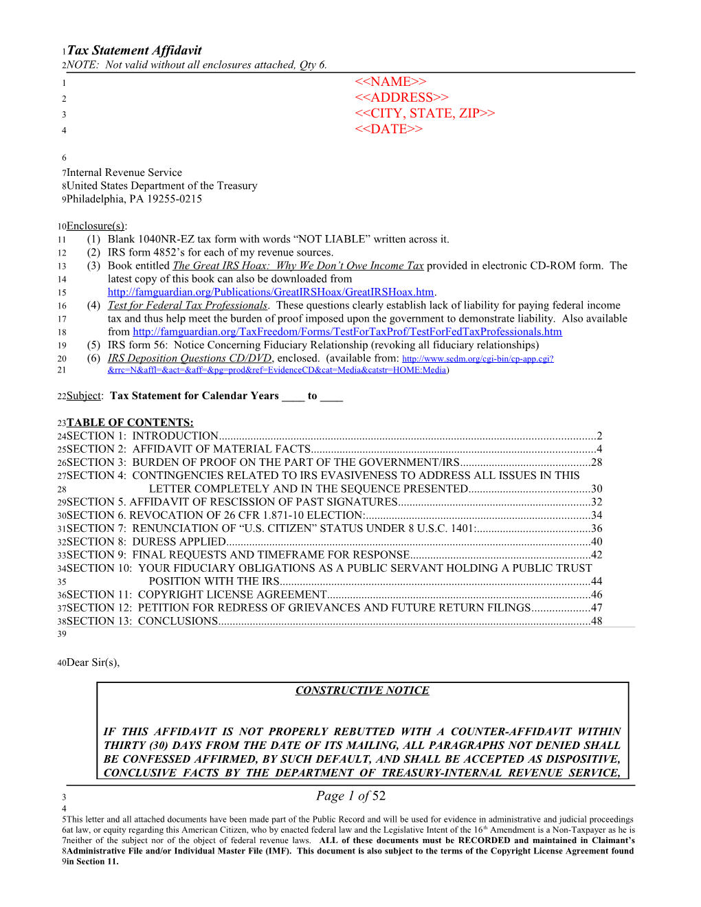 Tax Statement Affidavit NOTE: Not Valid Without All Enclosures Attached, Qty 6