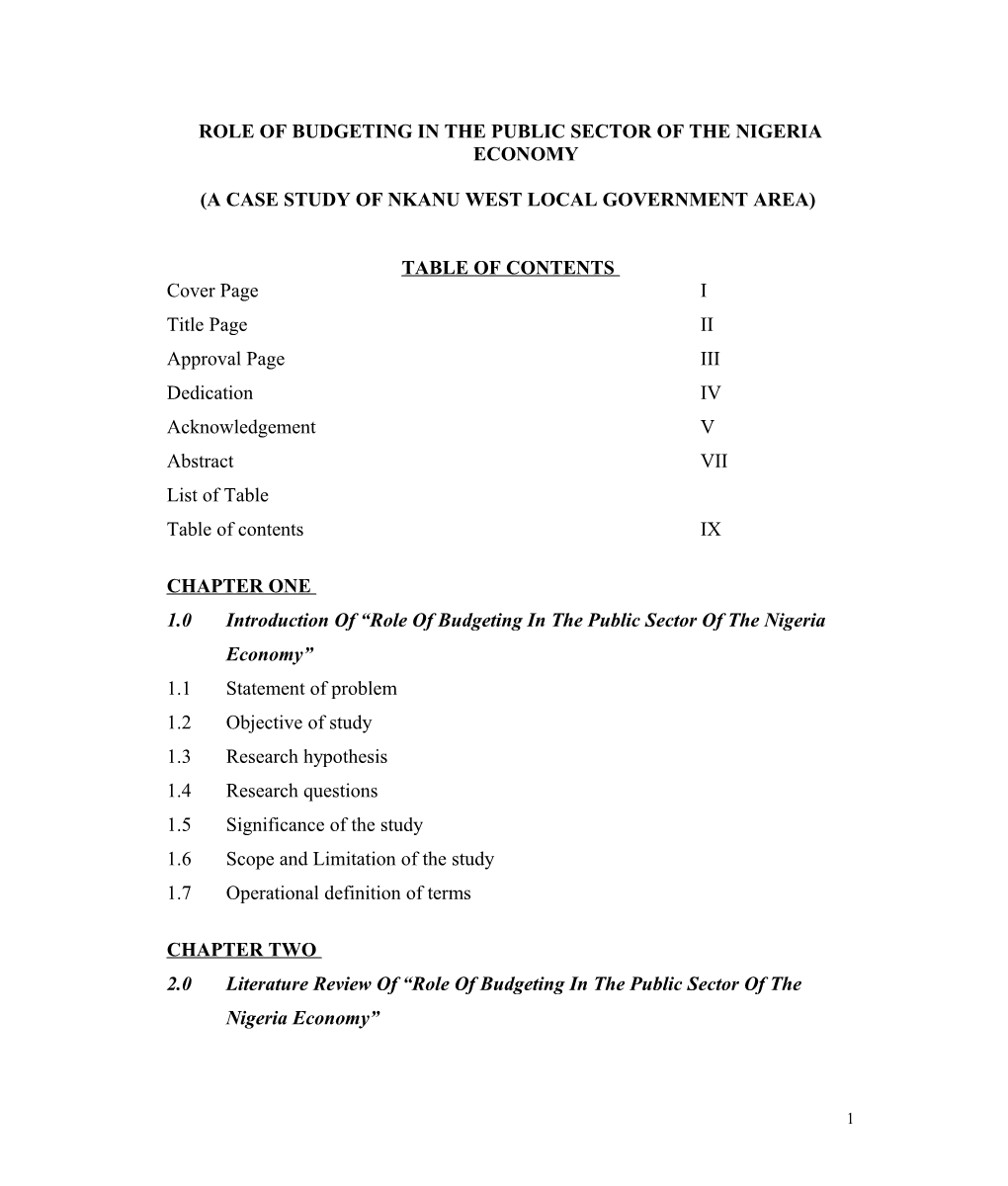 Role of Budgeting in the Public Sector of the Nigeria Economy