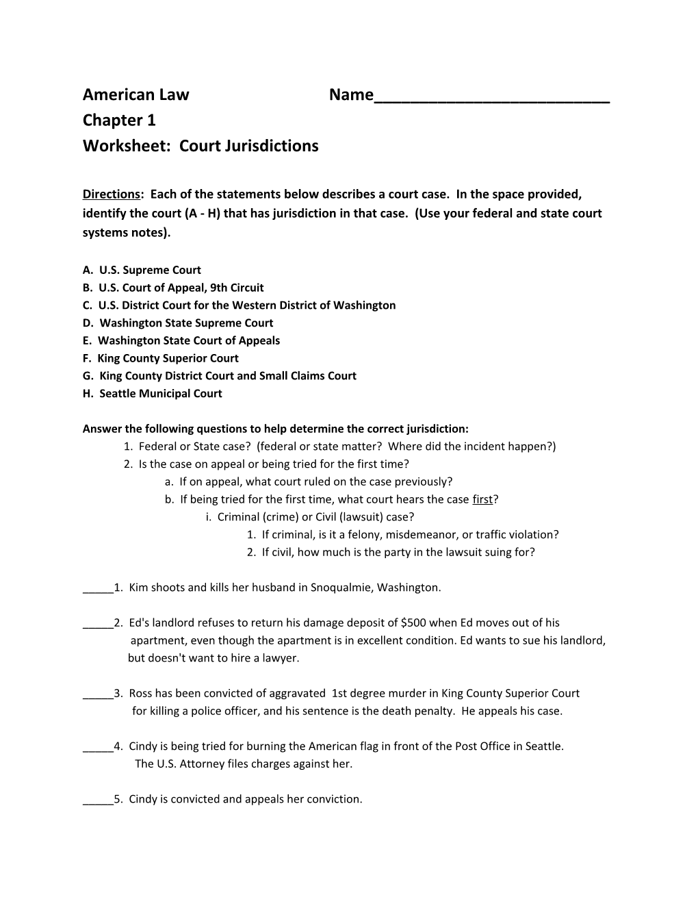 Worksheet: Court Jurisdictions