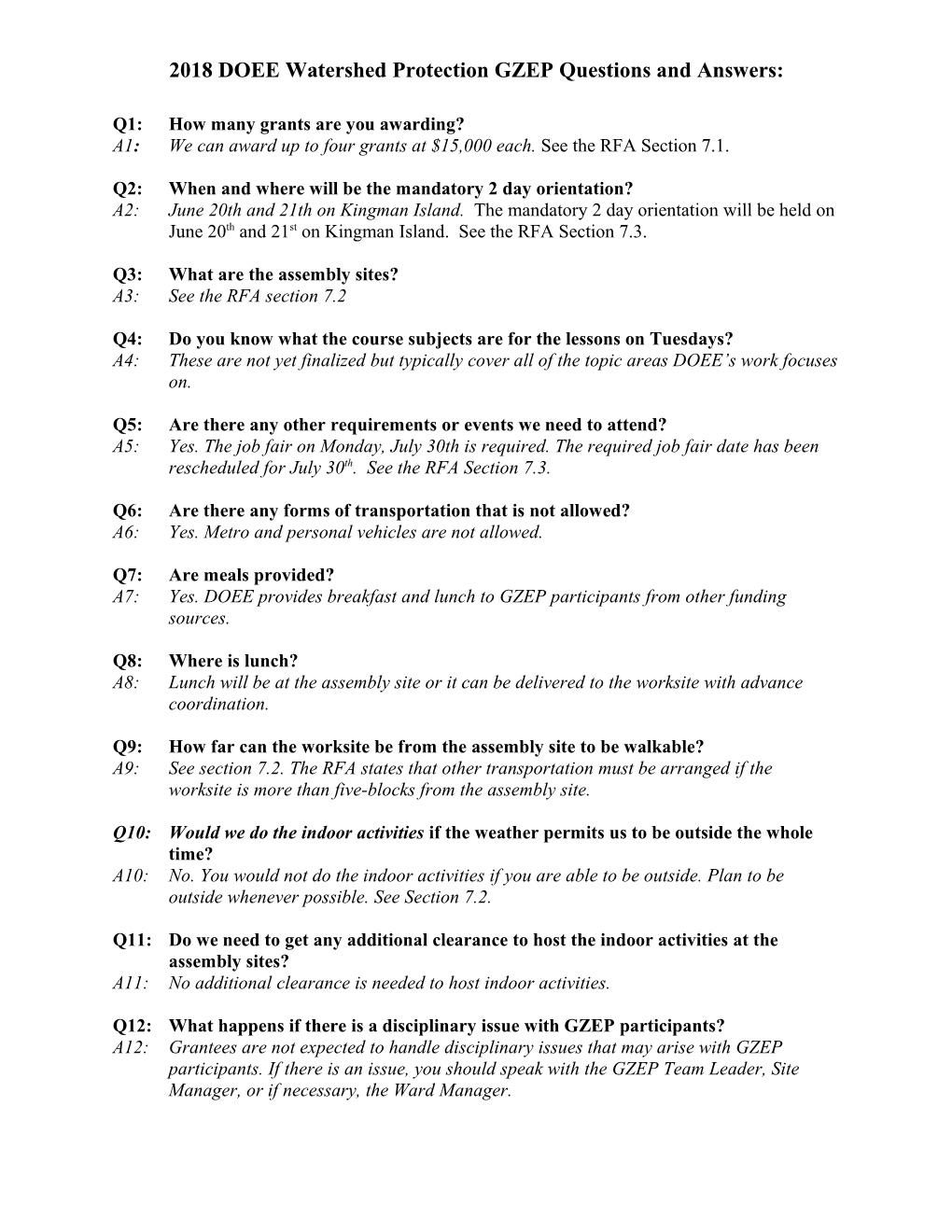 2018 DOEE Watershed Protection GZEP Questions and Answers