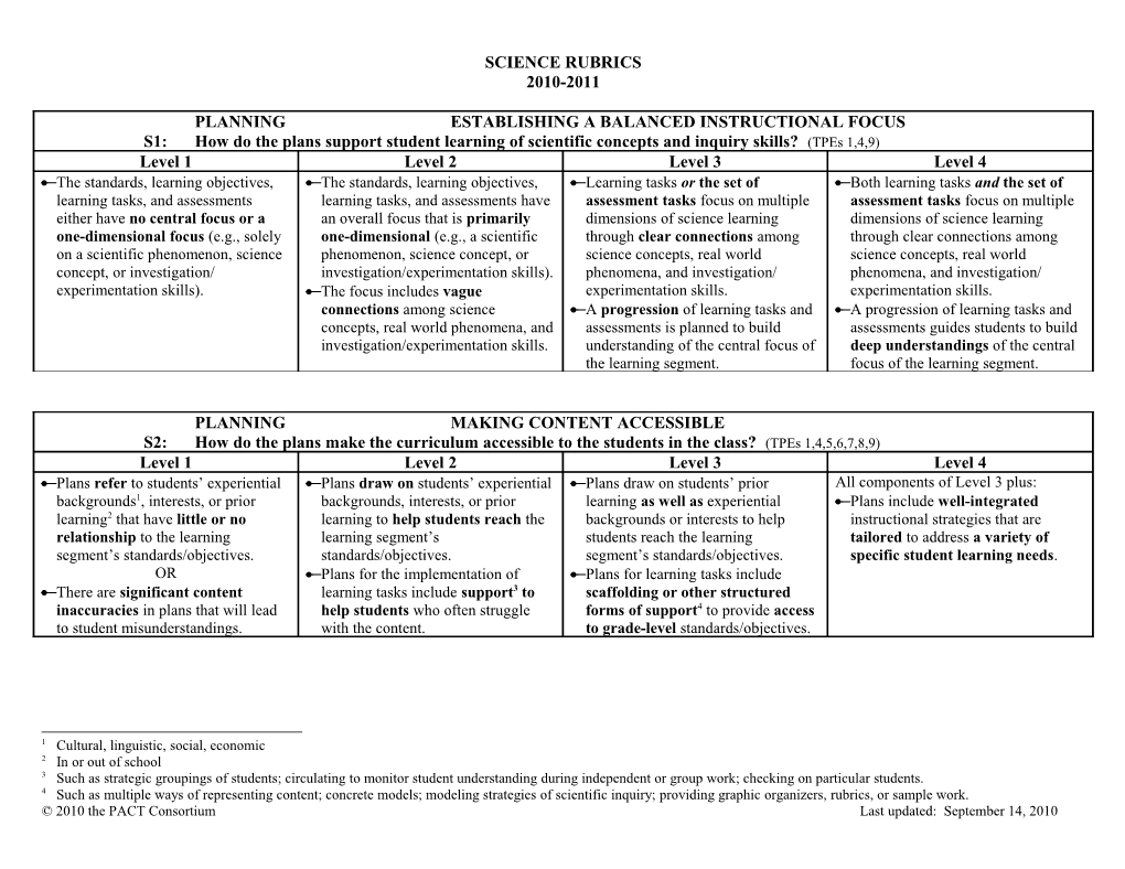 Science Rubrics