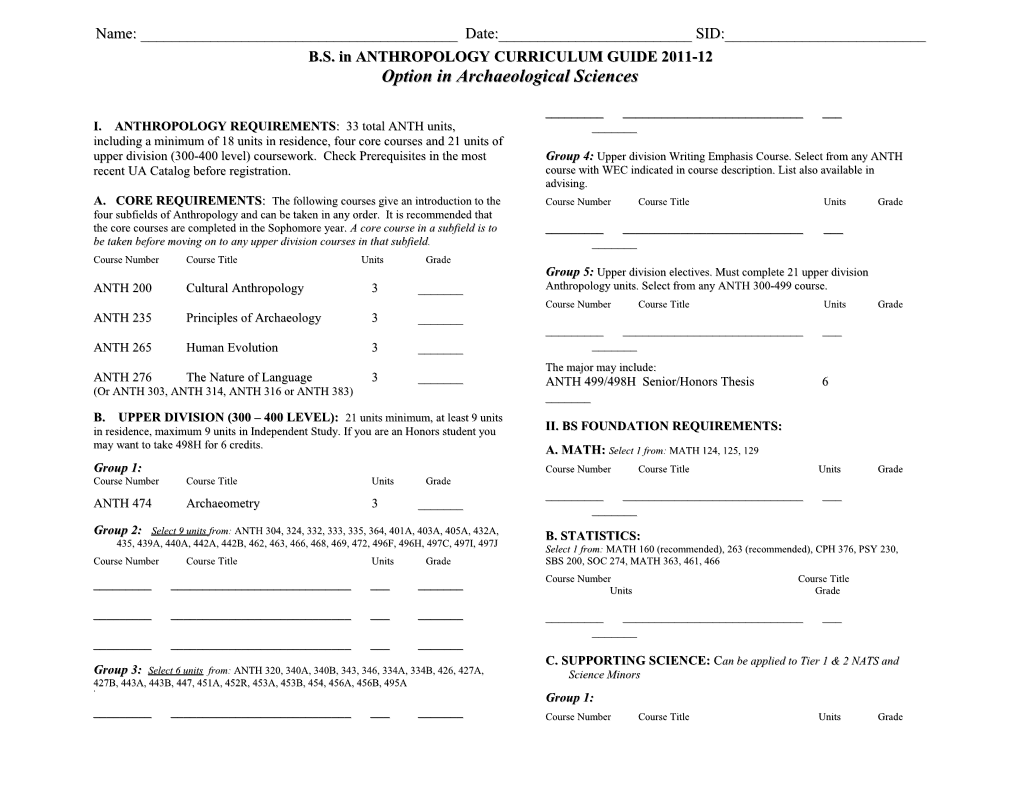 B.S. in ANTHROPOLOGY CURRICULUM GUIDE 2011-12