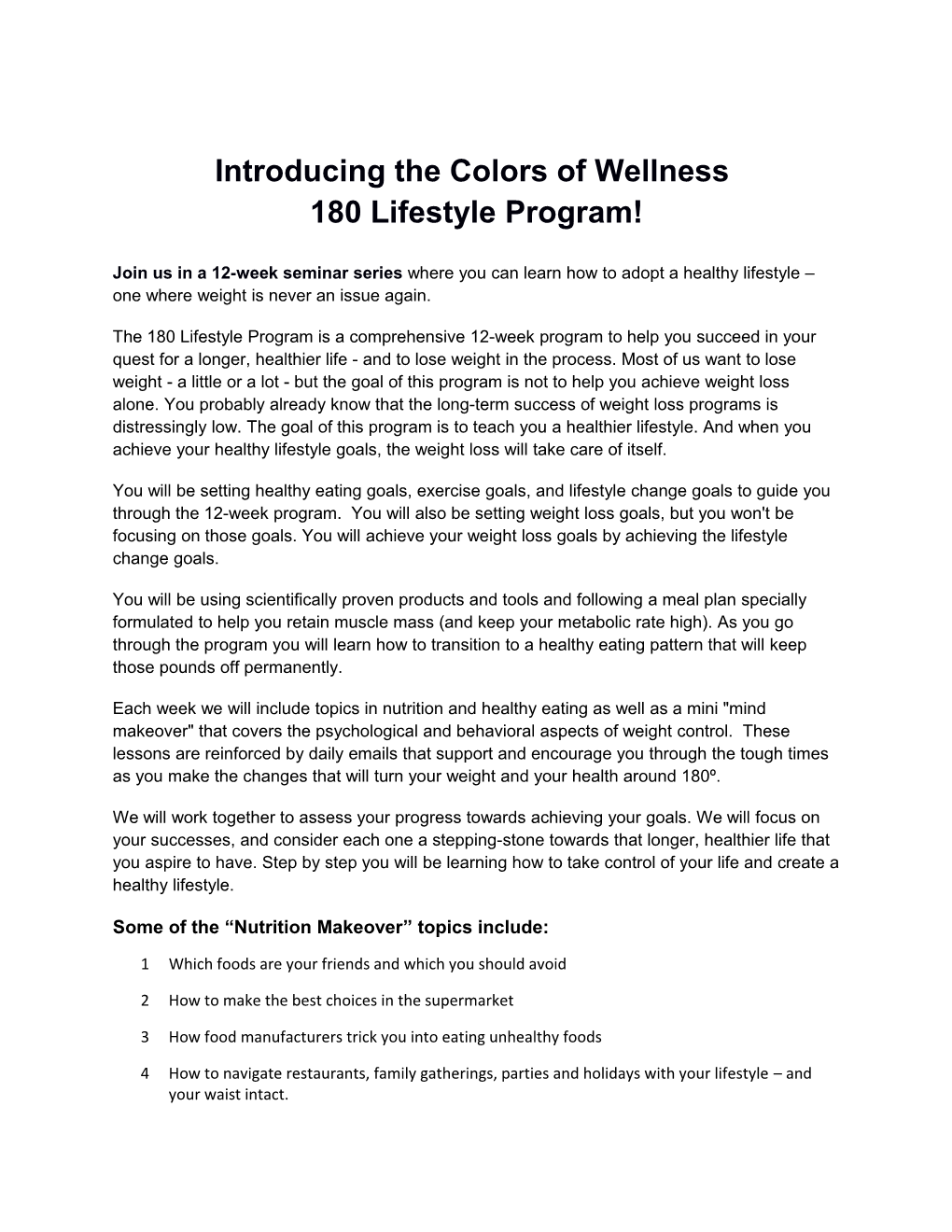 Introducing the Colors of Wellness 180 Lifestyle Program