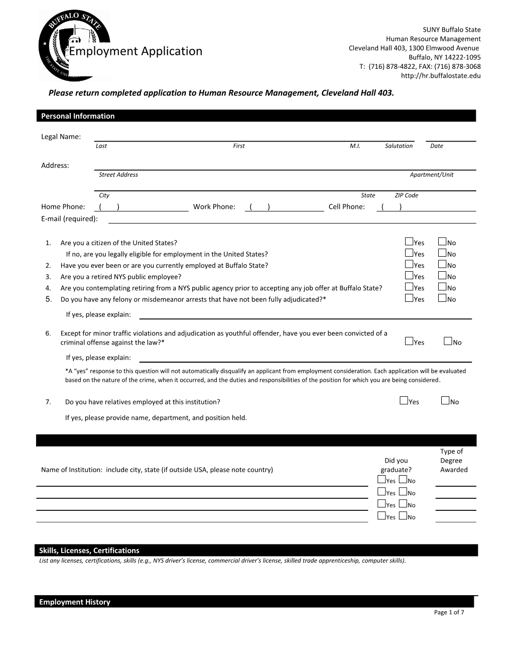 Buffalo State Employment Application (MS Word)