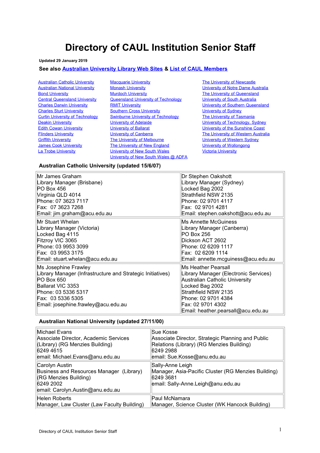 Directory of CAUL Institution Senior Staff