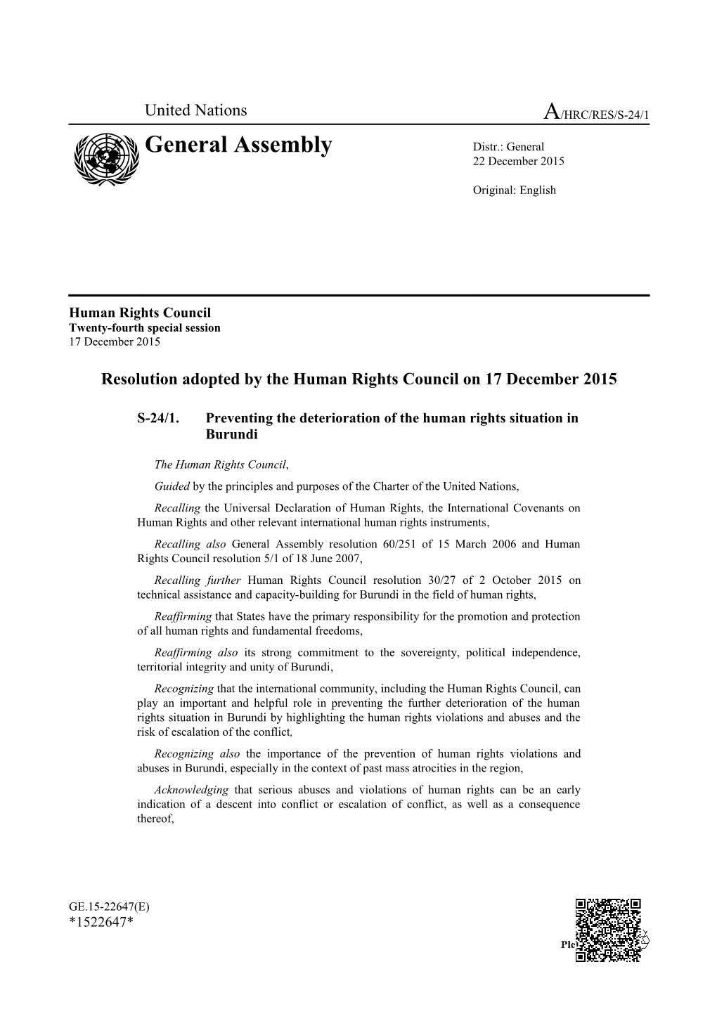 Human Rights Council Resolution S-24/1 Adopted on 17 December 2015 in English