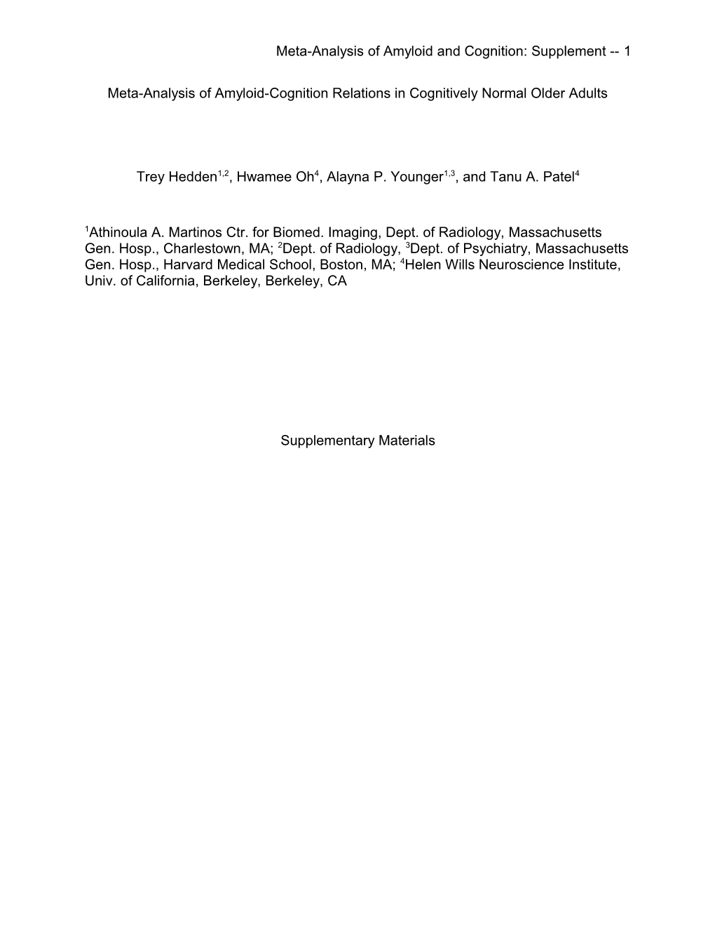 Meta-Analysis of Amyloid and Cognition: Supplement 1