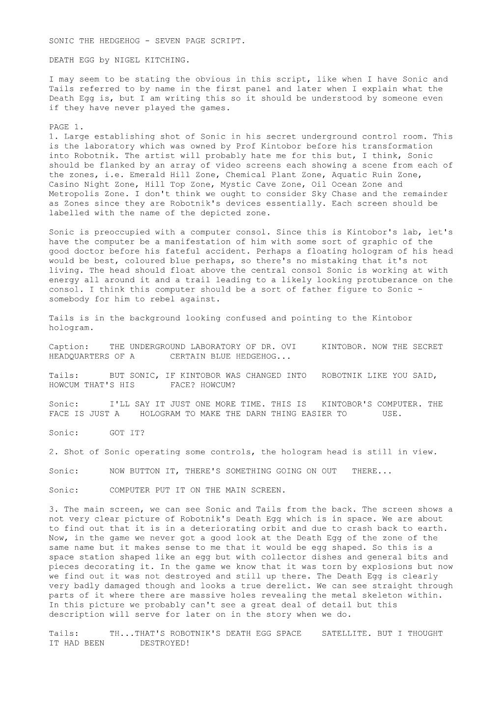 Sonic the Hedgehog - Seven Page Script