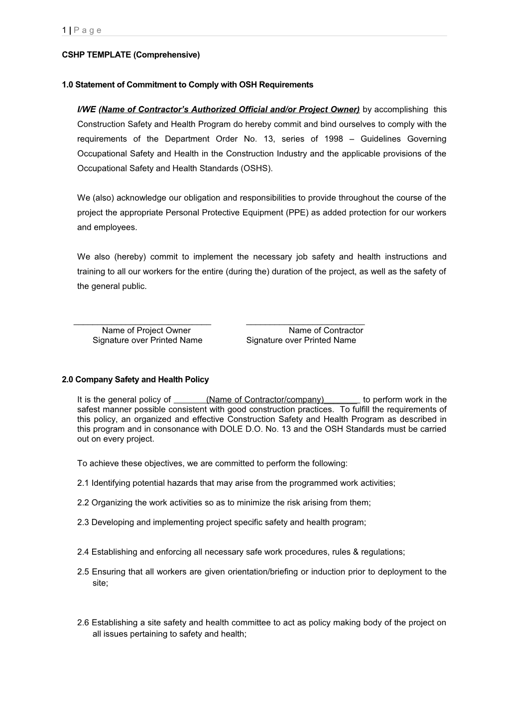 1.0 Statement of Commitment to Comply with OSH Requirements