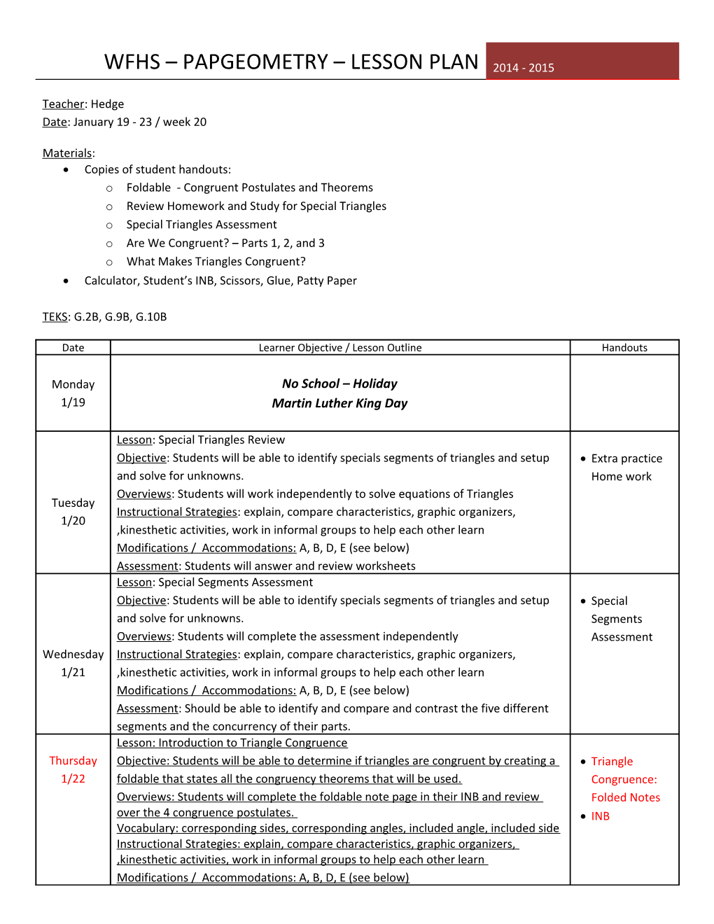 WFHS Geometry Lesson Plan