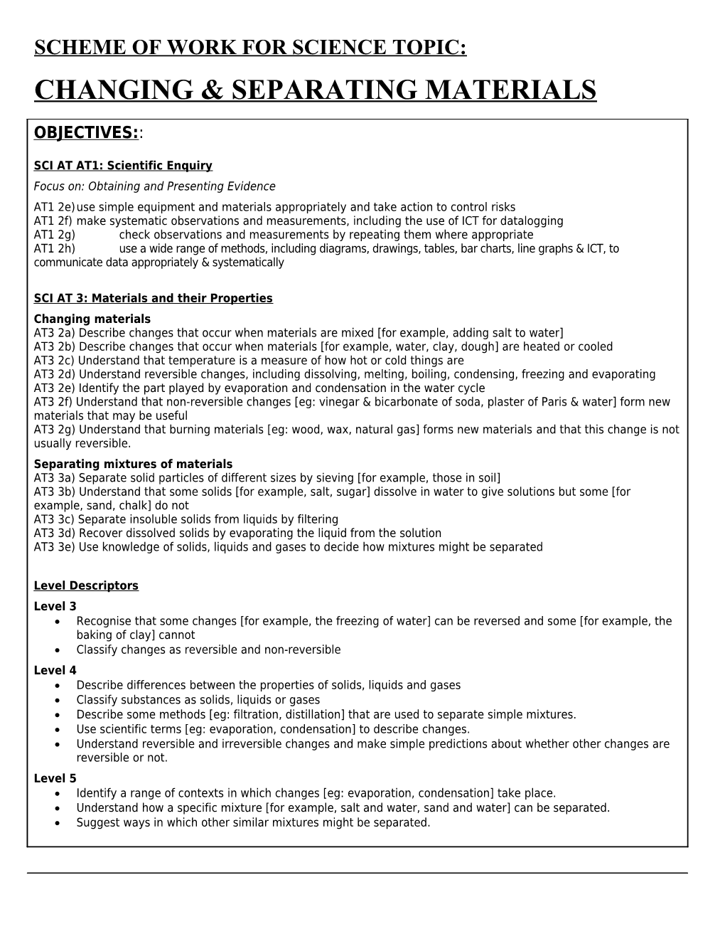 Scheme of Work for Y5 Science Topic