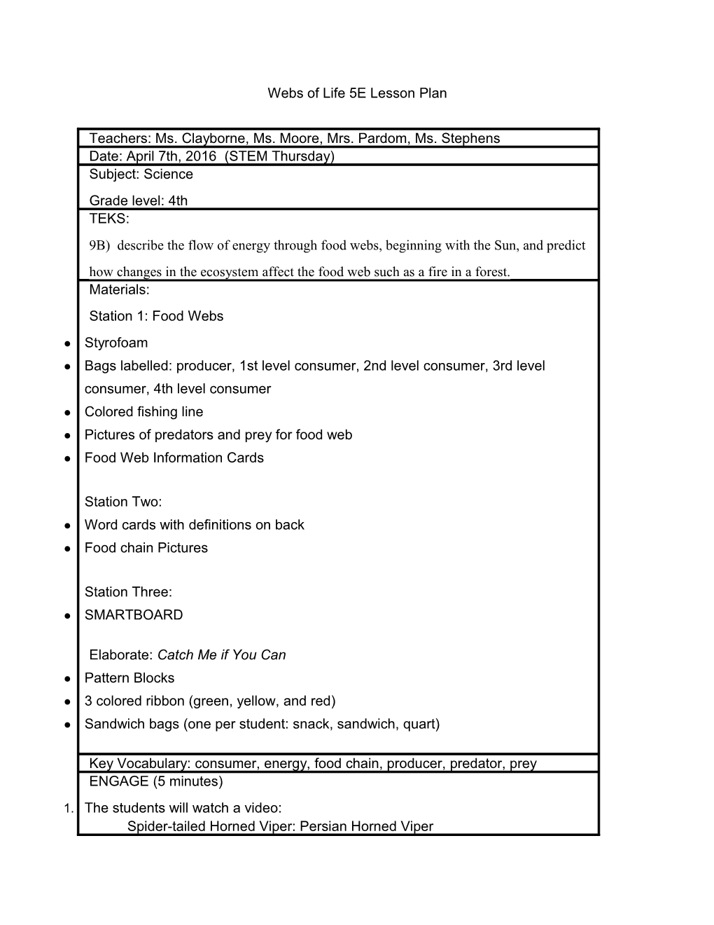 Webs of Life 5E Lesson Plan