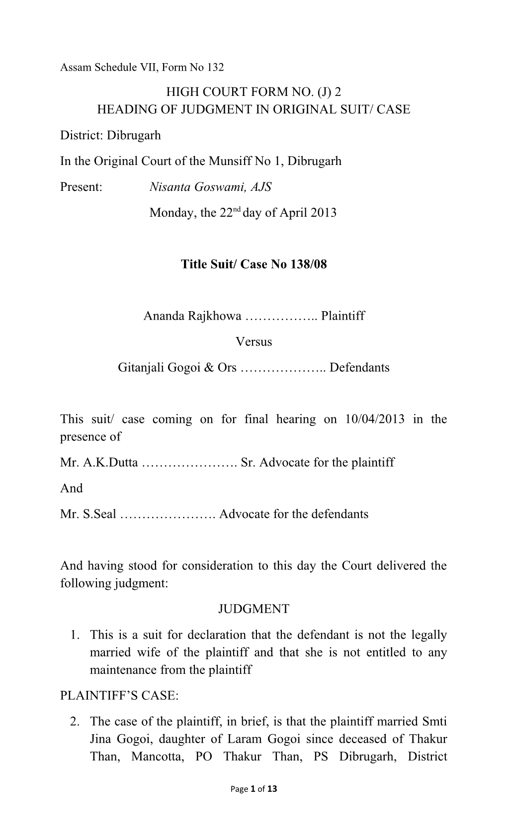 Assam Schedule VII, Form No 132