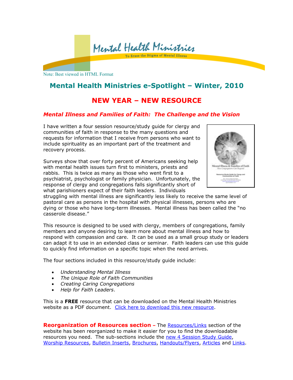 Mental Health Ministries E-Spotlight Winter, 2010