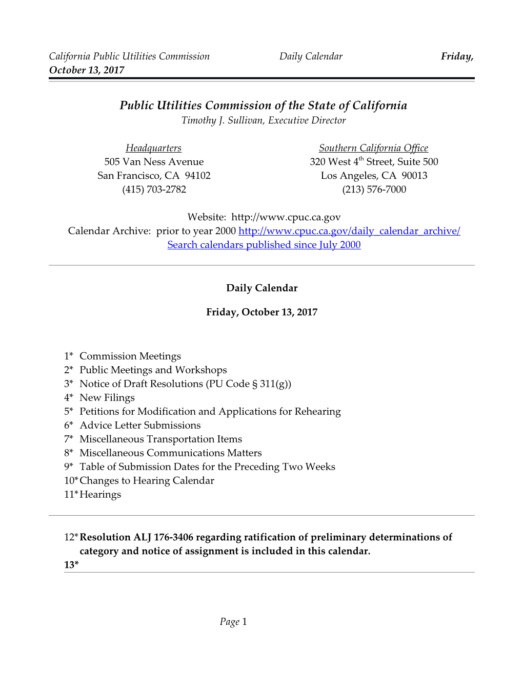 California Public Utilities Commission Daily Calendar Friday, October 13, 2017