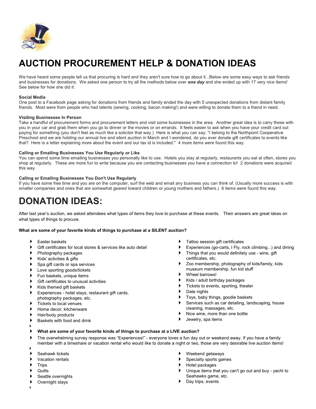 Auction Procurement Help & Donation Ideas
