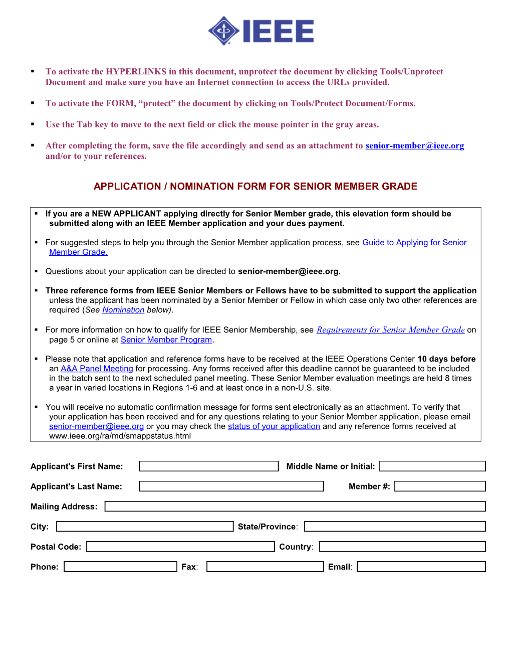 Senior Member Application Form, Page 1 of 5