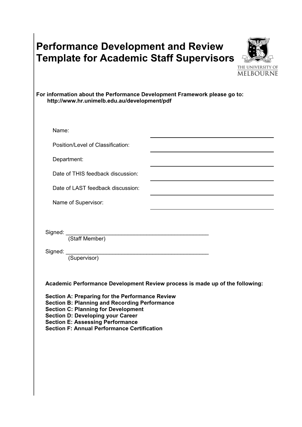 Performance Development and Review Template for Academic Staff Supervisors