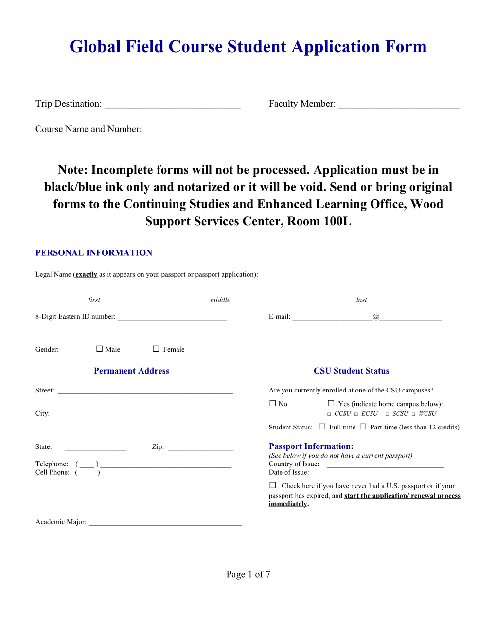 Global Field Course Student Application Form