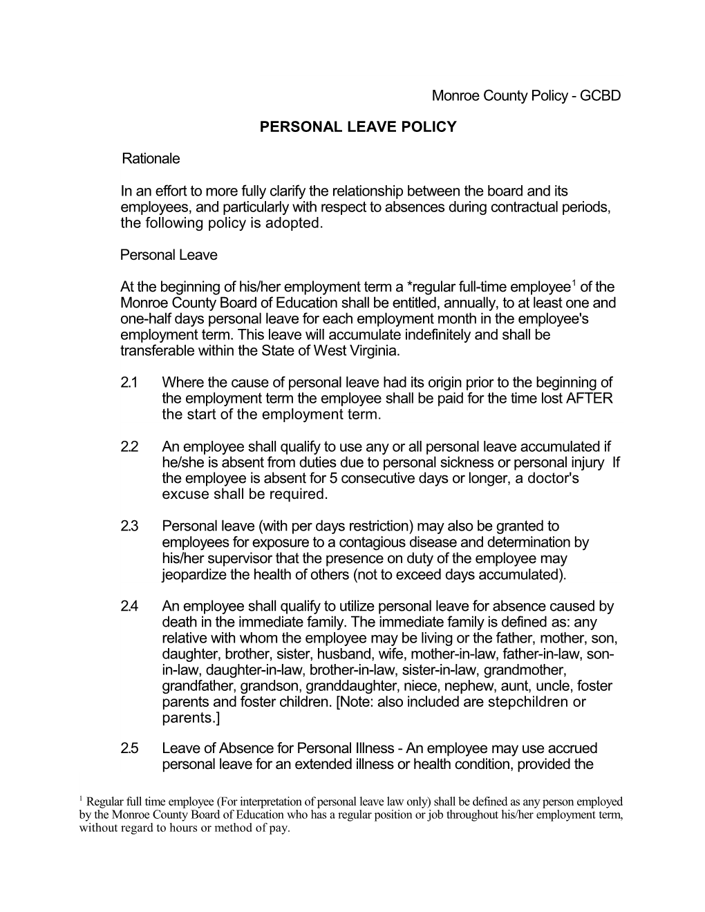Monroe County Policy - GCBD PERSONAL LEAVE POLICY