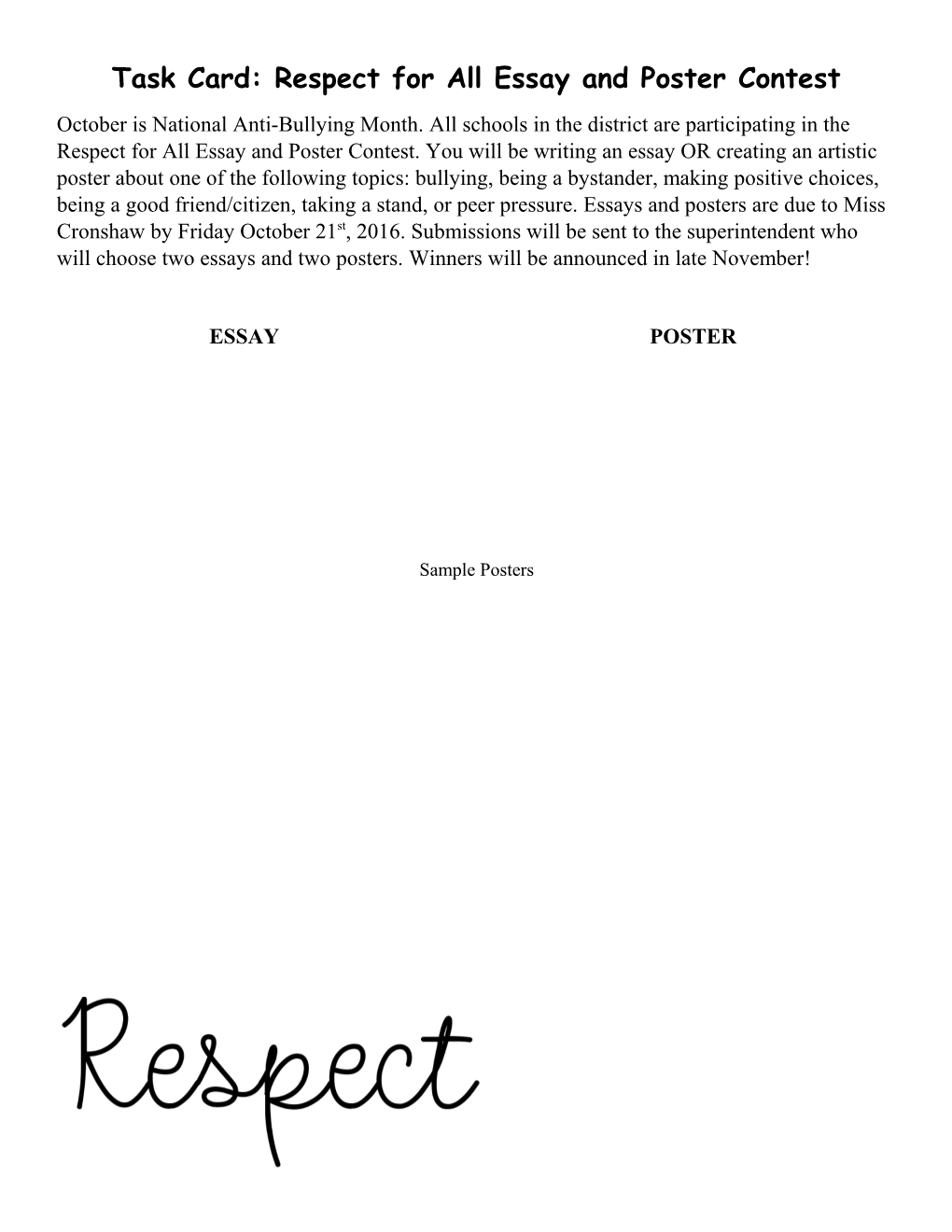 Task Card: Respect for All Essay and Poster Contest