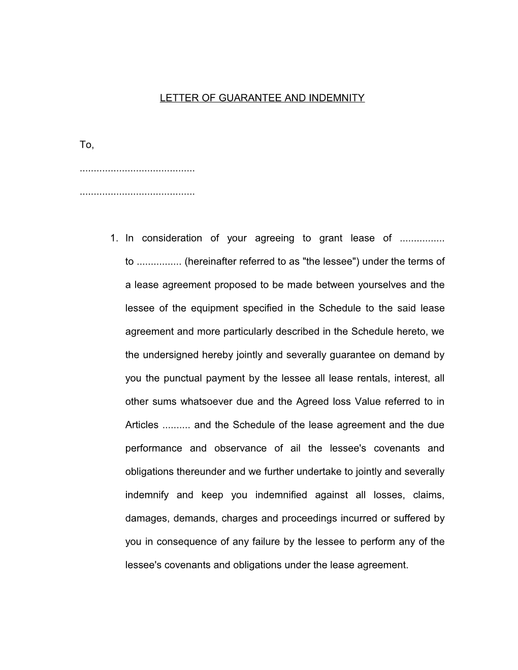 Letter of Guarantee and Indemnity