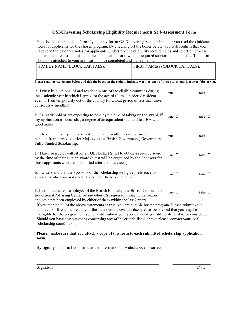 OSI/Chevening Scholarship Eligibility Requirements Self-Assessment Form