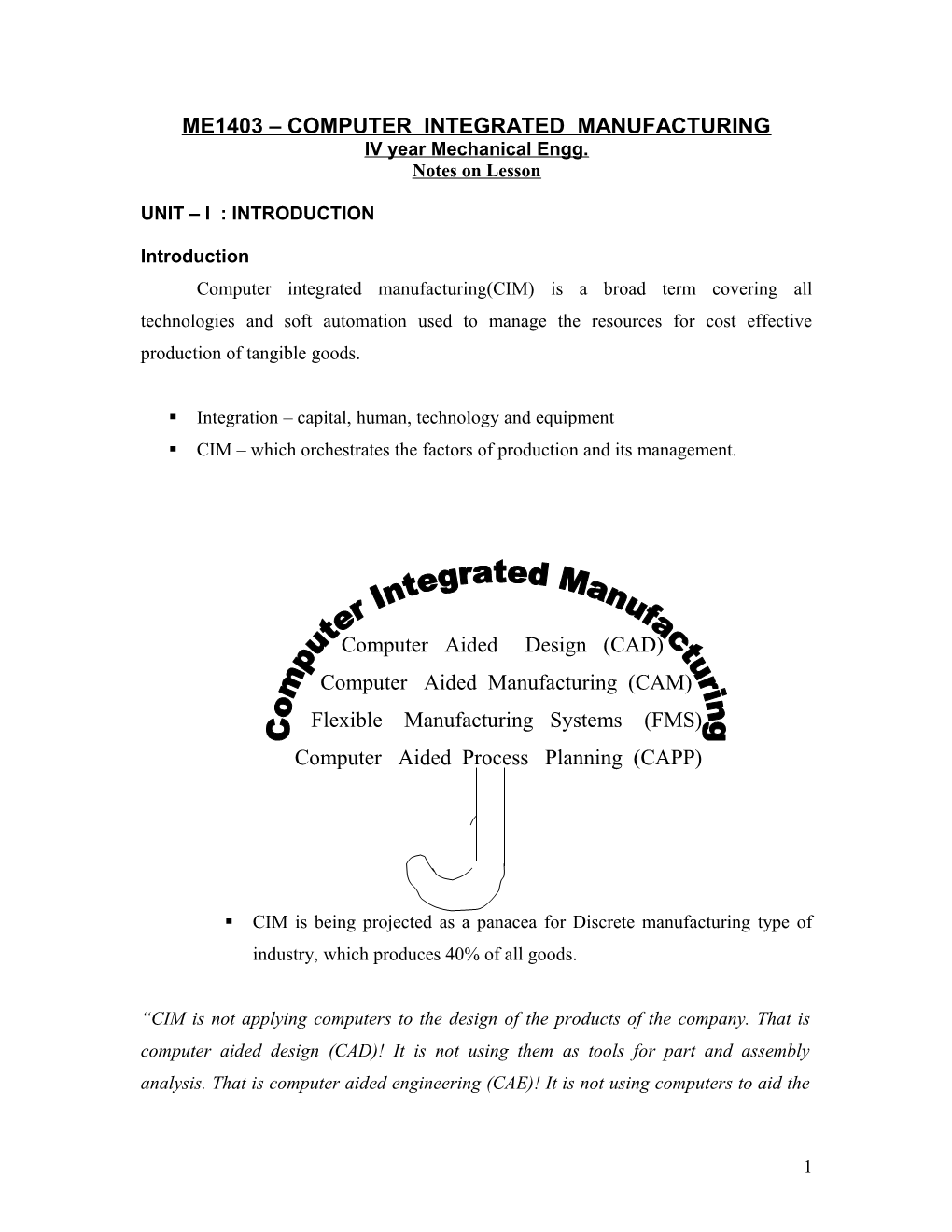 ME1403 - Computer Integrated Manufacturing