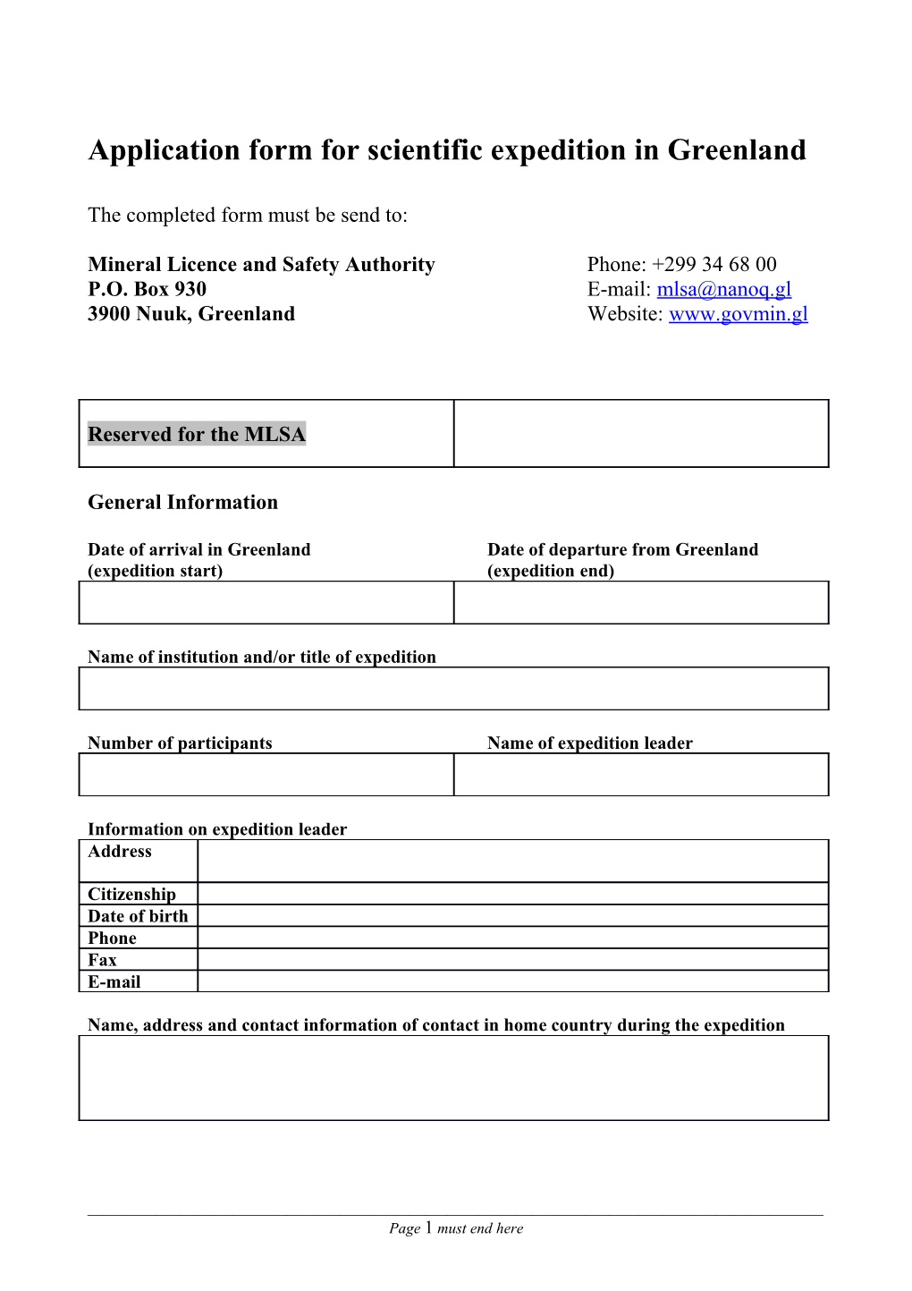 Application Form for Scientific Expedition in Greenland