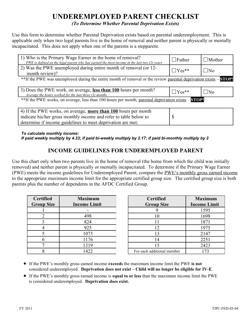 TJPC-FED-05-04 Underemployed Parent Checklist