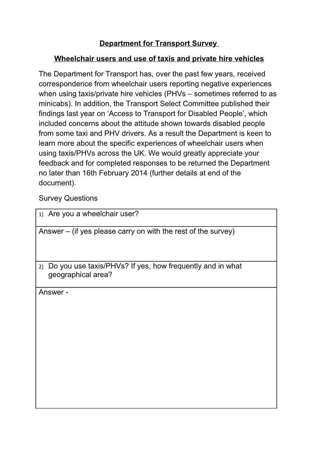 Department for Transport Survey