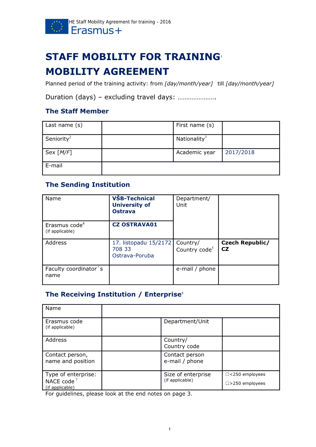 Erasmus+ HE Staff Mobility Agreement for Training 2016