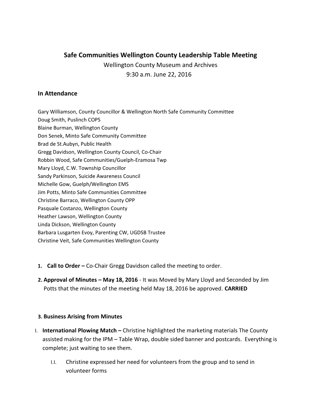 Safe Communities Wellington County Leadership Table Meeting