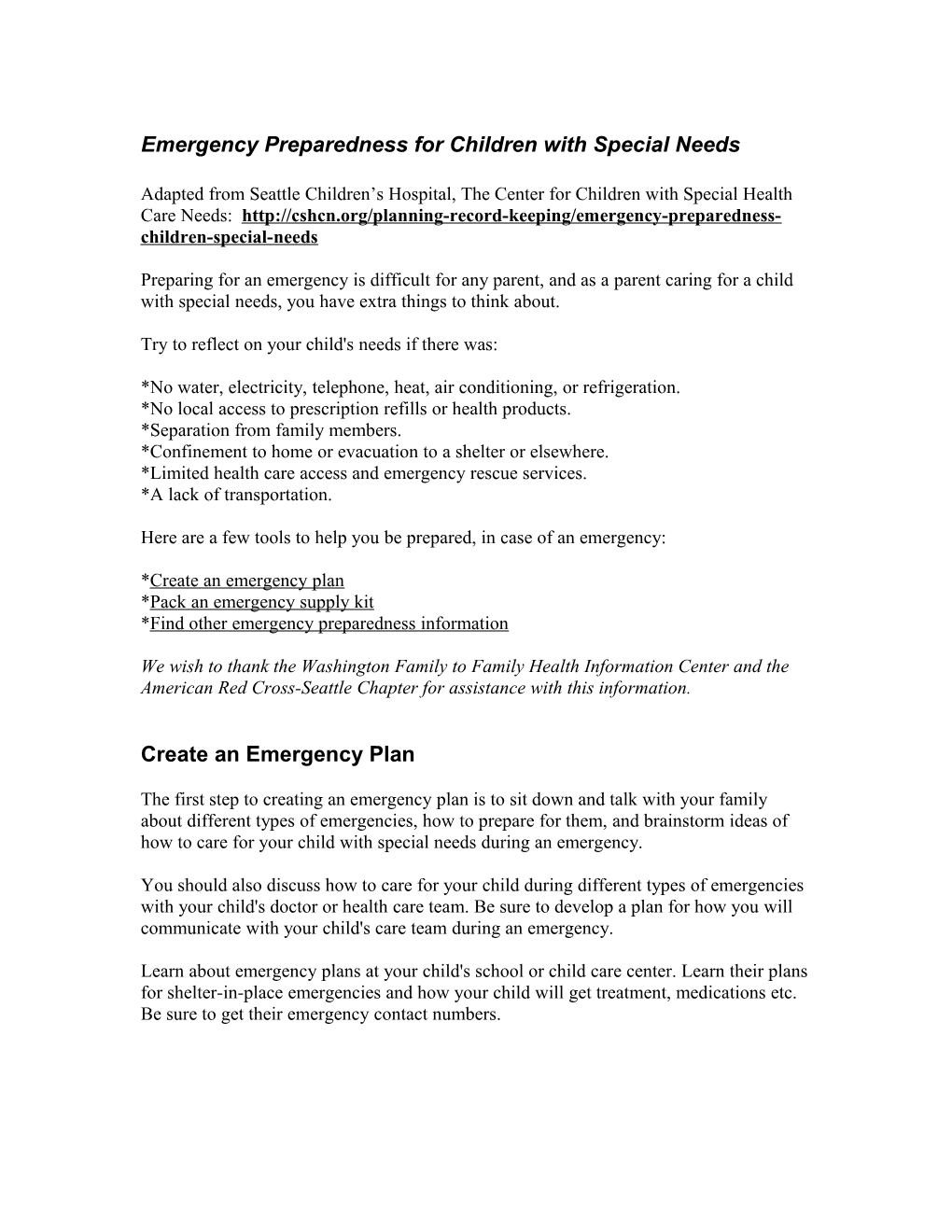 Emergency Preparedness for Children with Special Needs