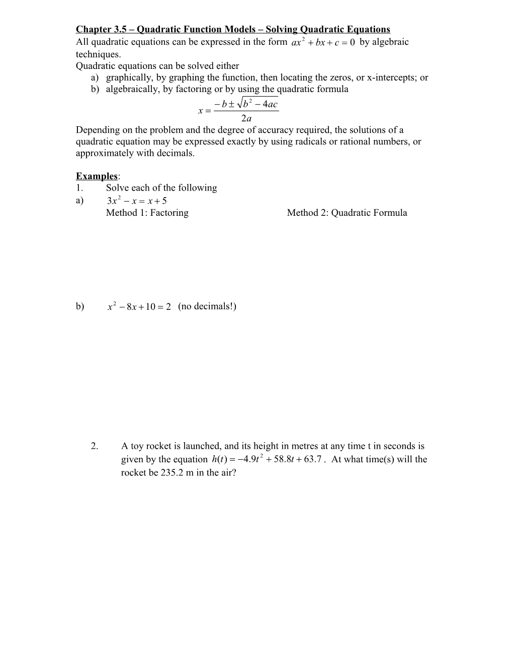 Chapter 3.5 Quadratic Function Models Solving Quadratic Equations