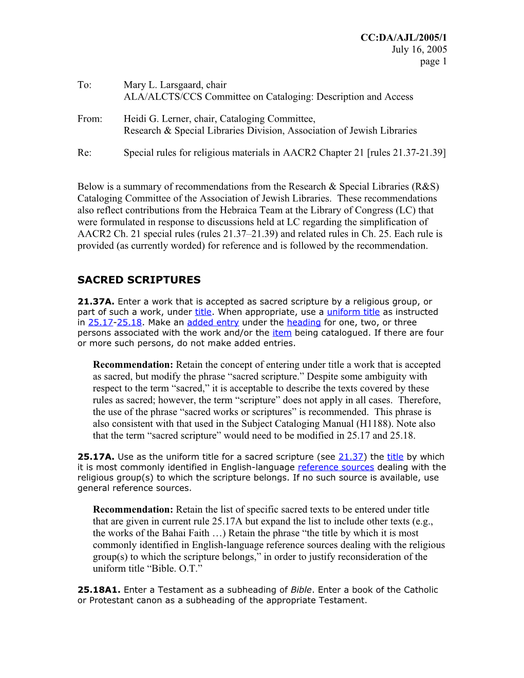 Special Rules for Religious Materials in AACR2 Chapter 21; Rules 21.37-21.39