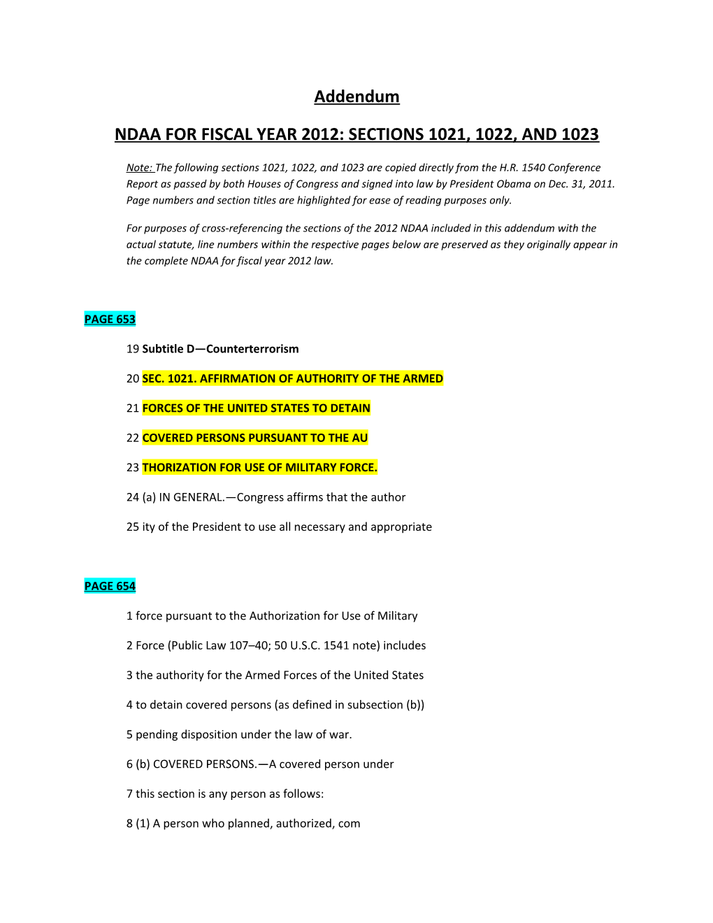 Ndaa for Fiscal Year 2012: Sections 1021, 1022, and 1023